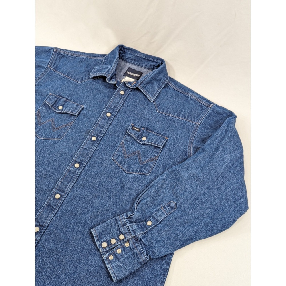 Wrangler Shirt Mens 18x35 3/XL‎  Blue Denim Pearl Snap Western Long Sleeve EUC